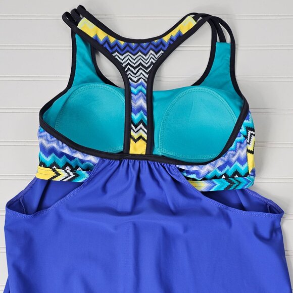 Women's Blue Layered Multicolor Striped Boy Short Racerback Tankini Set Size S - Picture 9 of 14